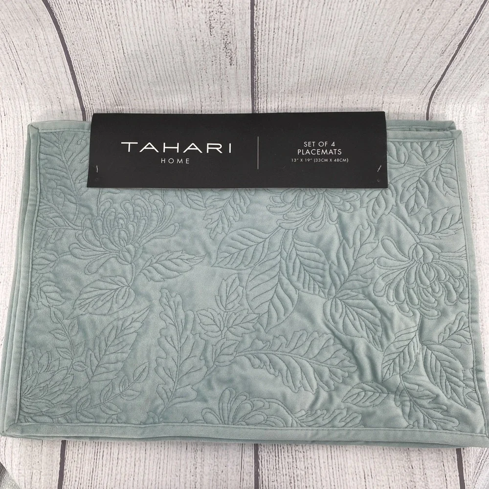 Tahari Home Placemats (Set of 4) Blue Velvet Embroidered Leaves Elegant Everyday